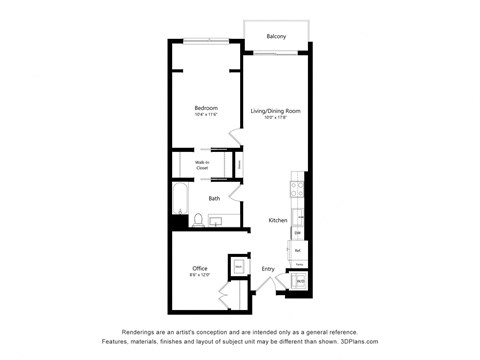 Floor plan for 1 bed, 1 bath, 865 sqft